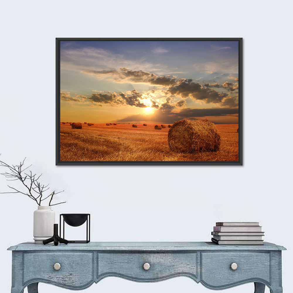 Golden Hour Hay Bale Wall Art in a room, landscape