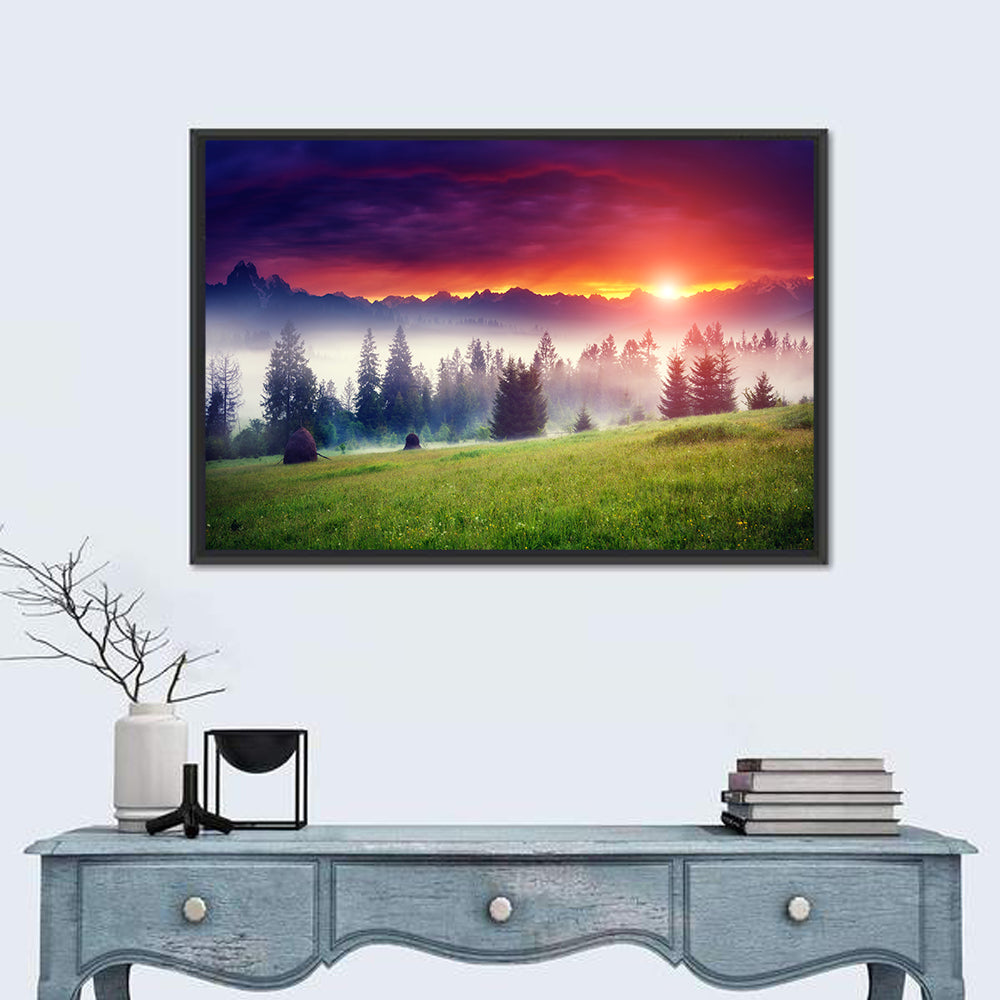 Glowing Mountain at Sunrise Wall Art in a room, landscape