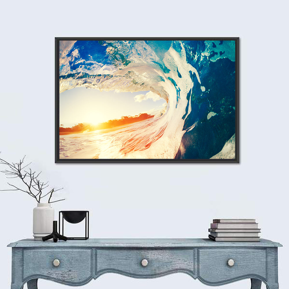Blue Barrel Wave at Sunset Wall Art in a room, landscape