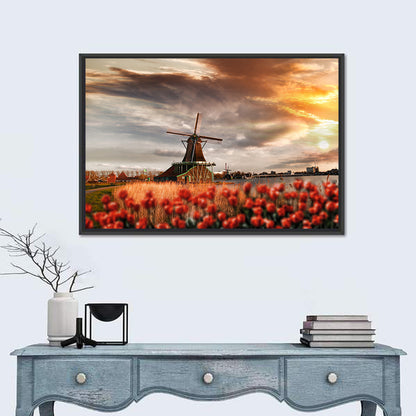 Dutch Windmill with Red Tulips Wall Art
