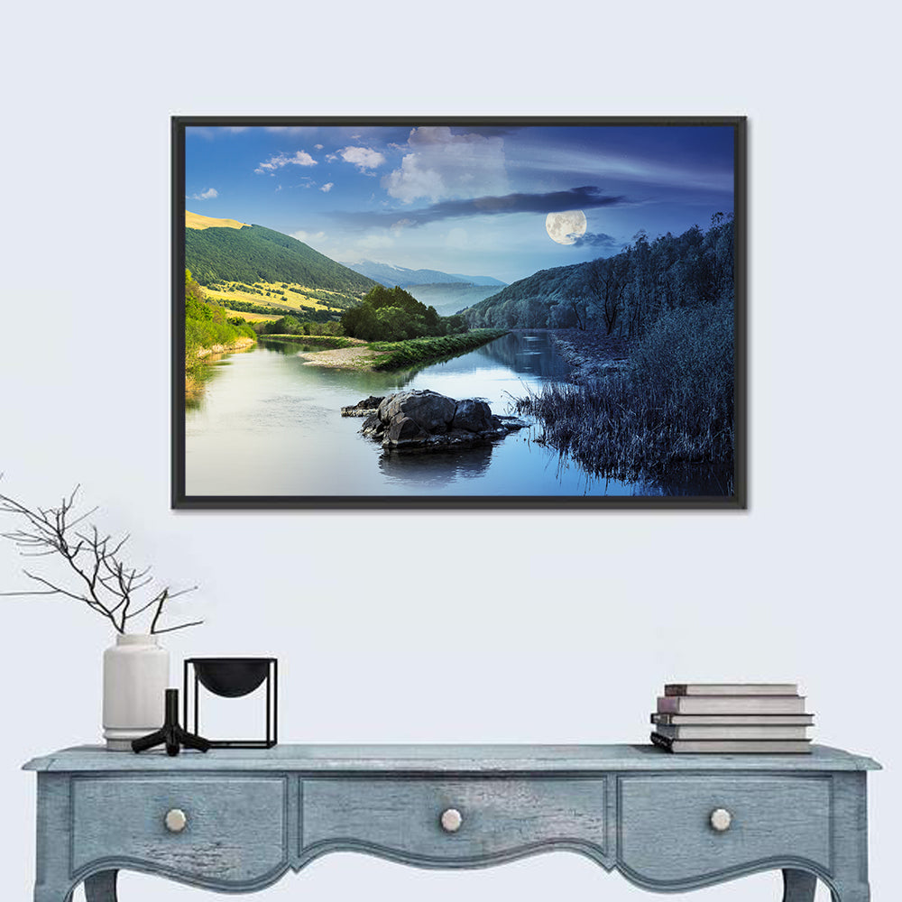 Moonlit Mountain River Wall Art in a room, landscape