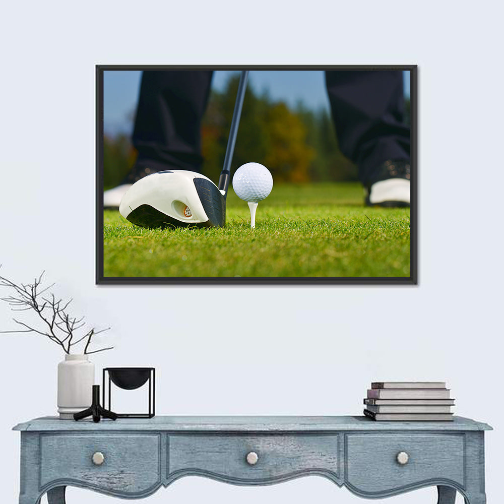 Golf Ball and Club Close Up Wall Art in a room, landscape