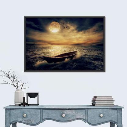 Moonlit Boat in Stormy Ocean Wall Art