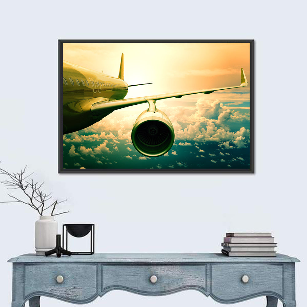 Passenger Jet Wing at Sunset Wall Art in a room, landscape