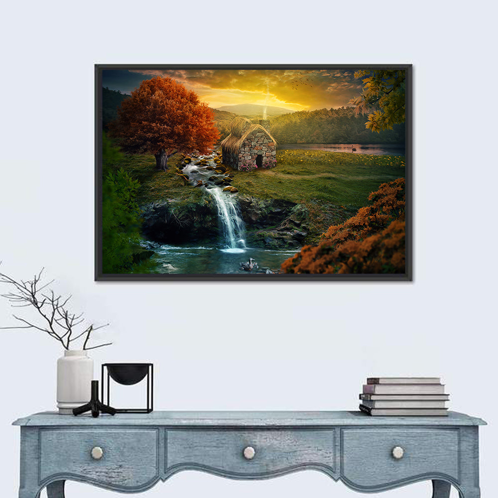 Thatched Cottage by Mountain Stream Wall Art in a room, landscape