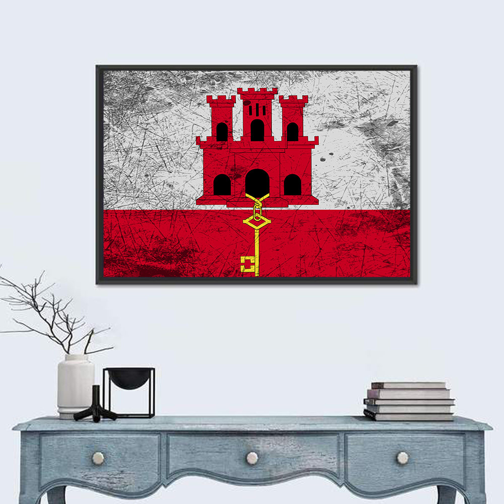 Gibraltar Flag with Castle and Key Wall Art in a room, landscape