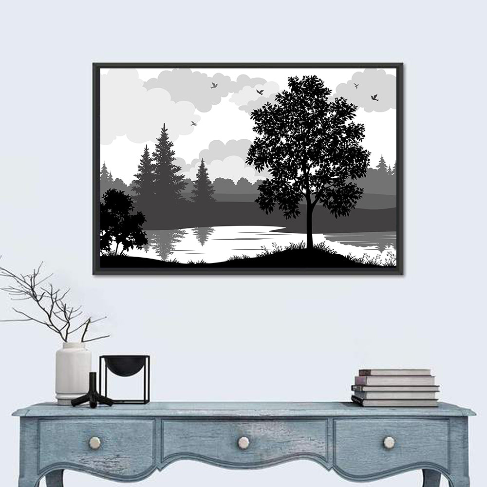 Lake Silhouette with Tree Wall Art in a room, landscape