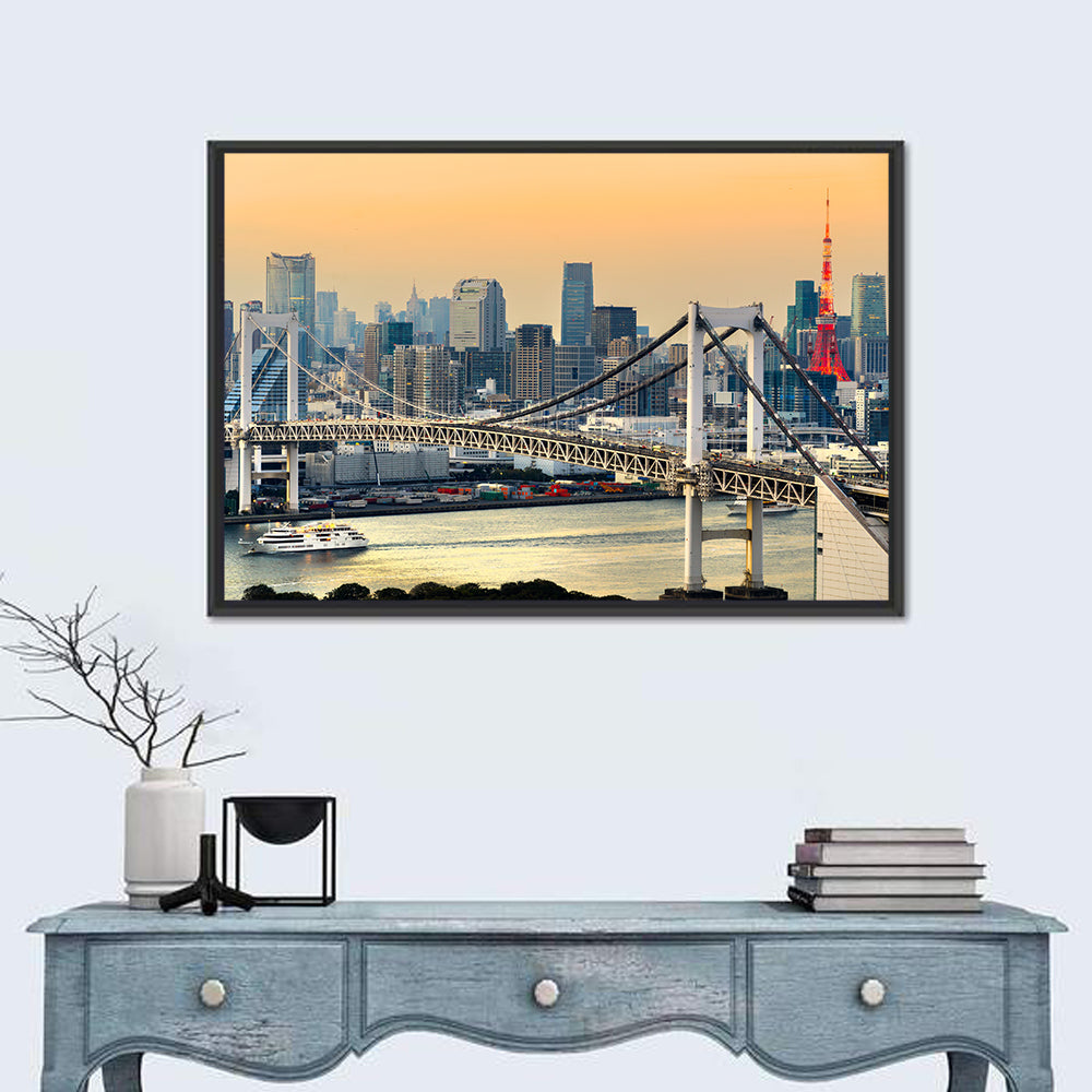 Rainbow Bridge and Tokyo Tower Skyline Wall Art in a room, landscape
