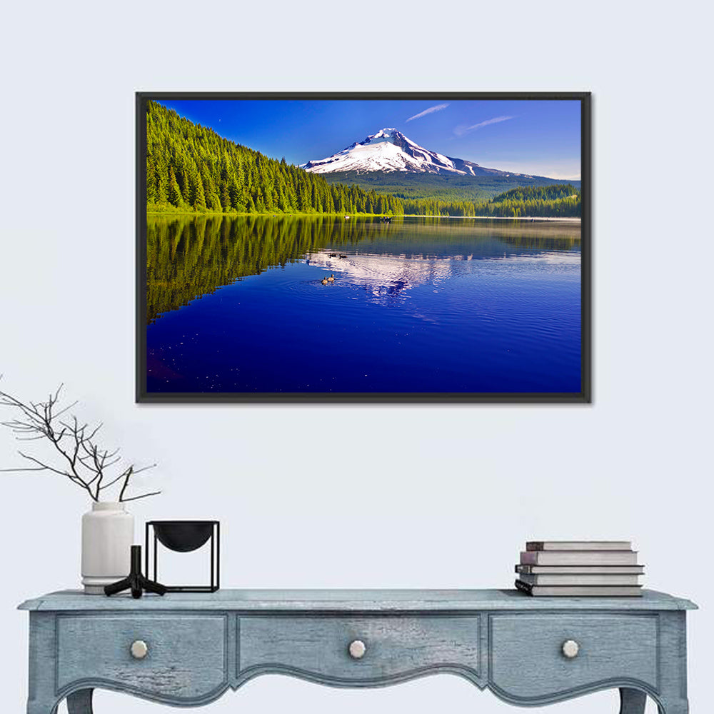 Mt Hood Reflected in Trillium Lake Wall Art in a room, landscape