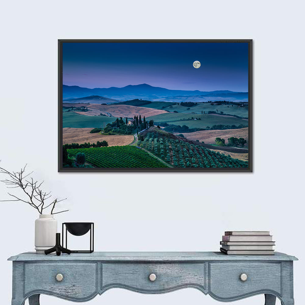 Moonlit Tuscan Hills Wall Art in a room, landscape