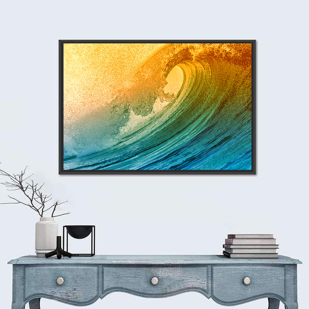 Golden Hour Barrel Wave Wall Art in a room, landscape