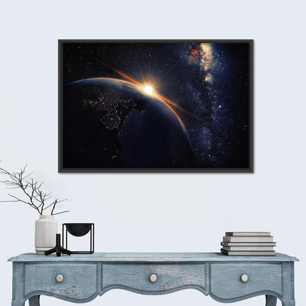 Sunrise Over Earth from Orbit Wall Art in a room, landscape