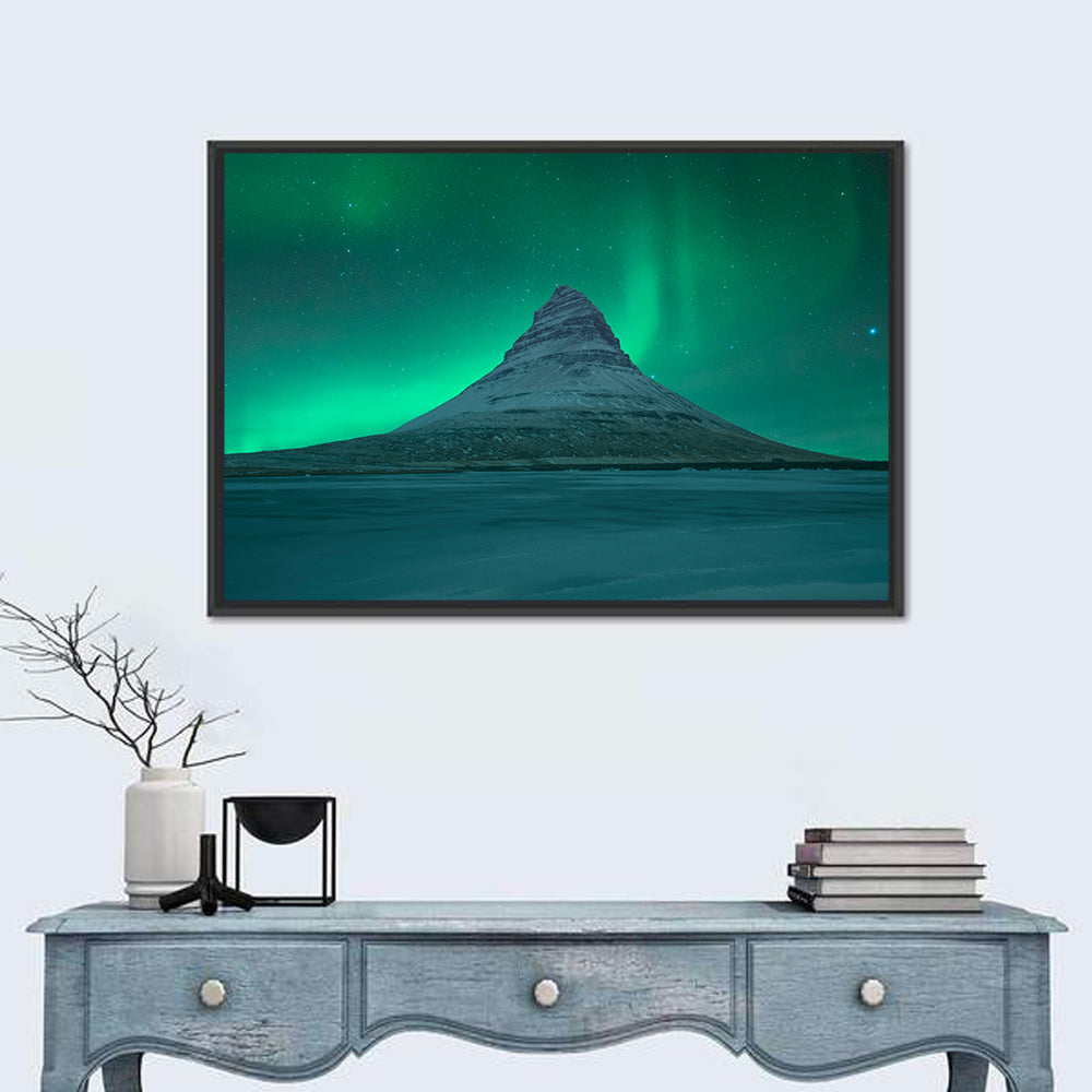 Northern Lights Over Kirkjufell Wall Art in a room, landscape