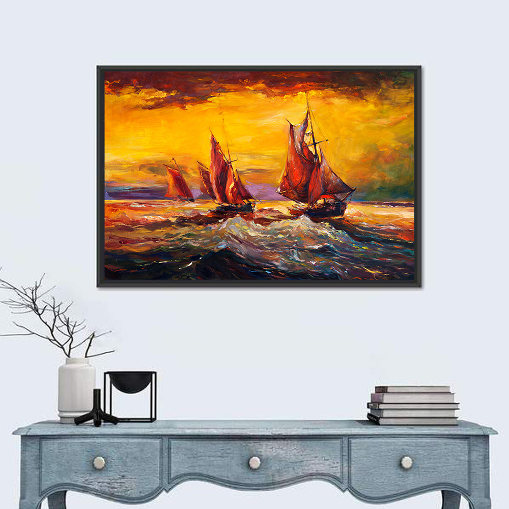 Three Sailboats at Sunset Wall Art