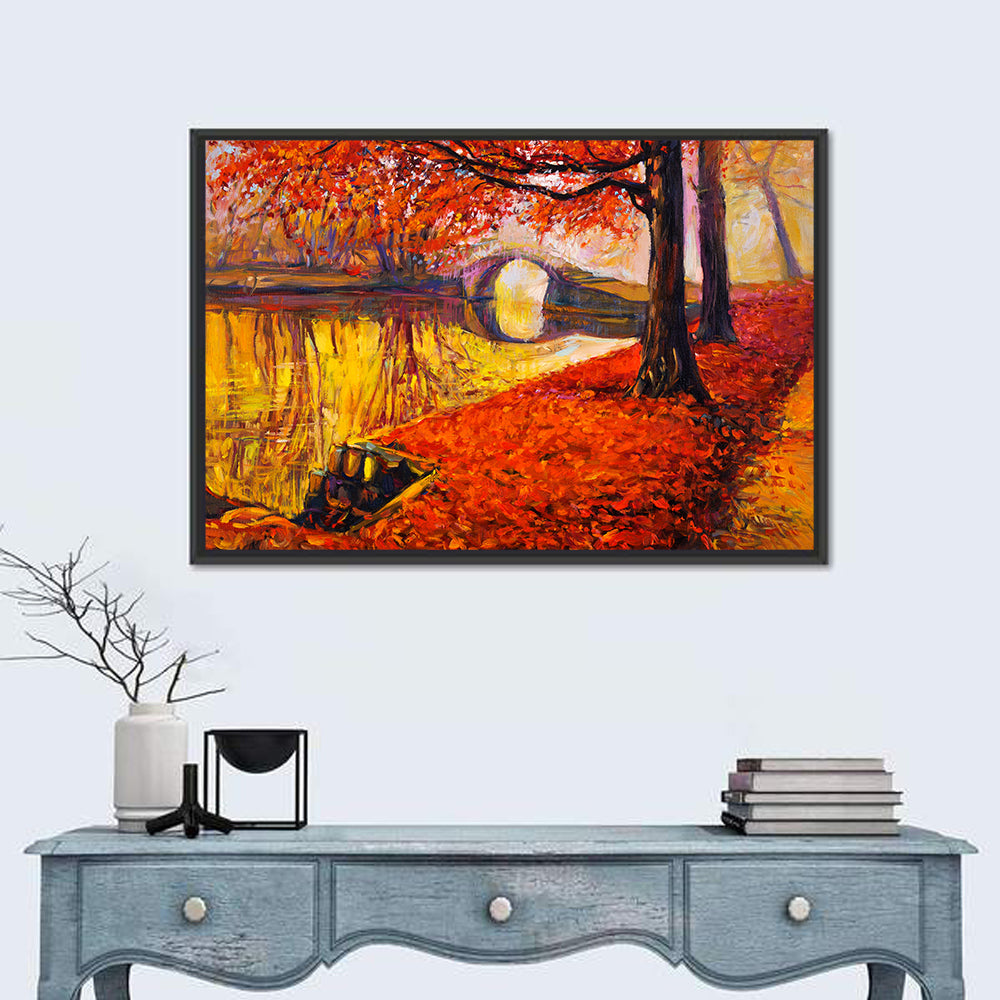Autumn Bridge Over Golden Lake Wall Art
