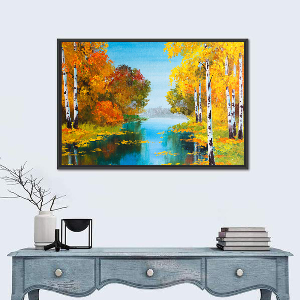 Autumn Birch River Reflection Wall Art