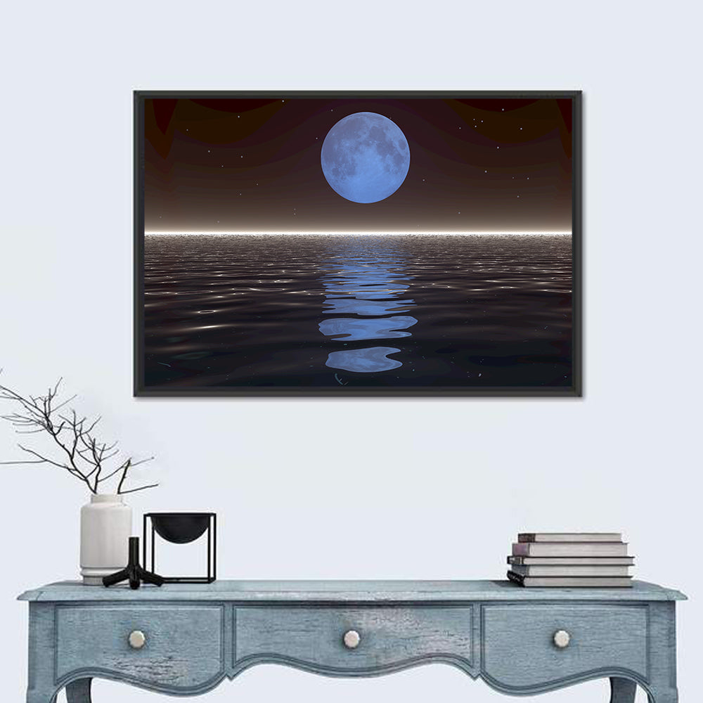 Surreal Moonset Over Reflective Sea Wall Art in a room, landscape