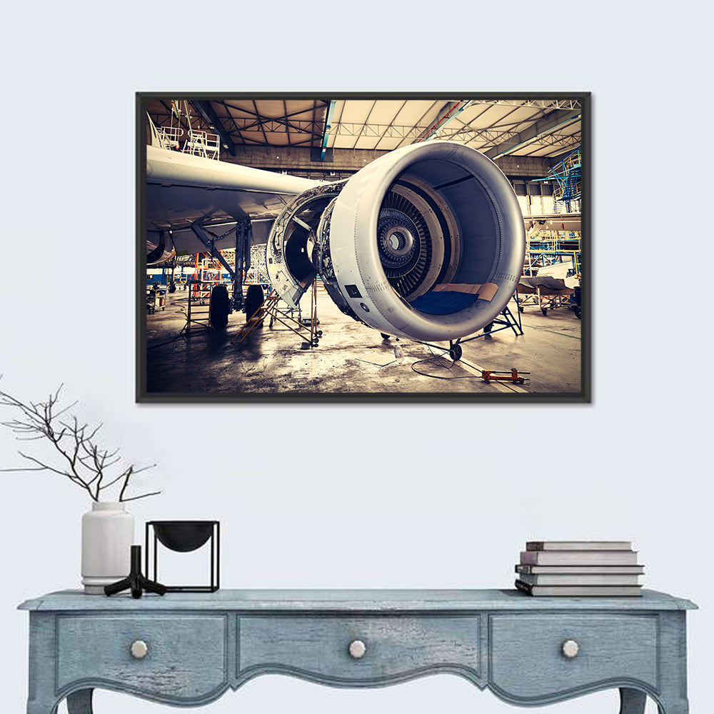Open Jet Engine in Hangar Wall Art in a room, landscape