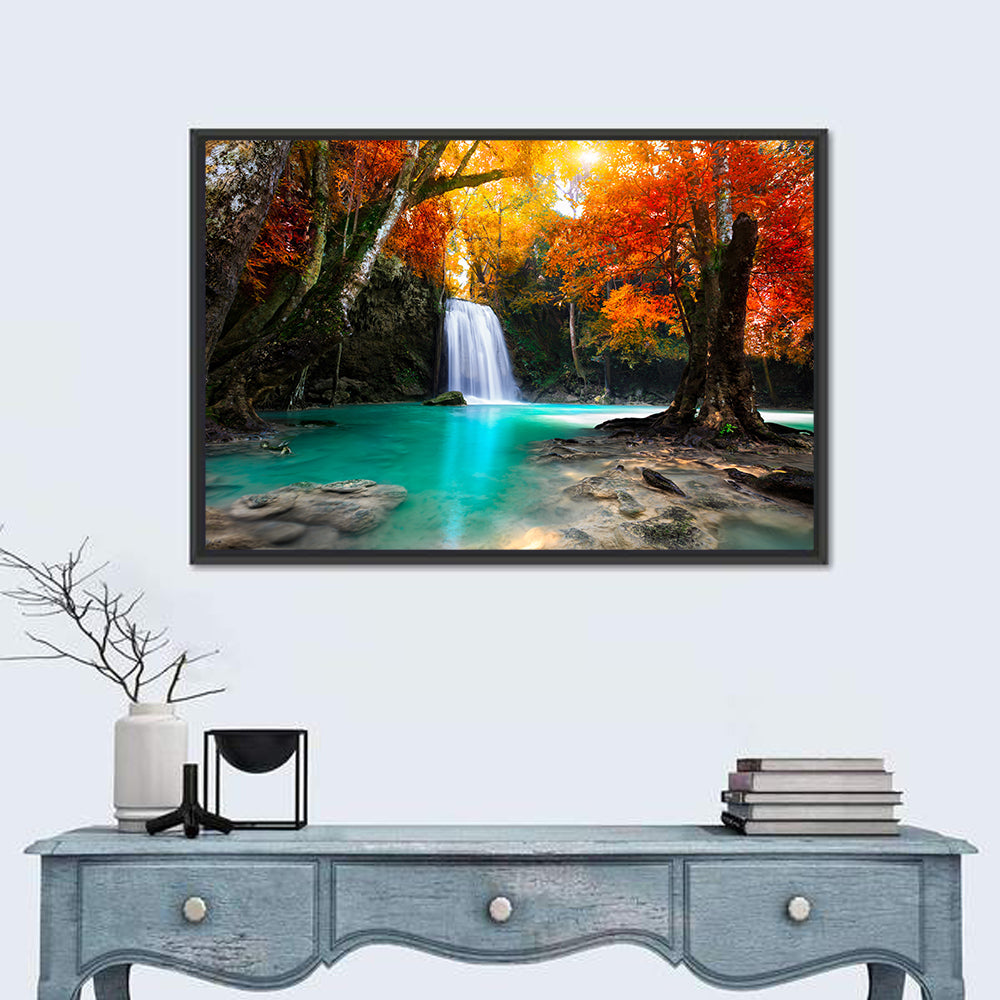 Autumn Forest Waterfall, Thailand Wall Art in a room, landscape