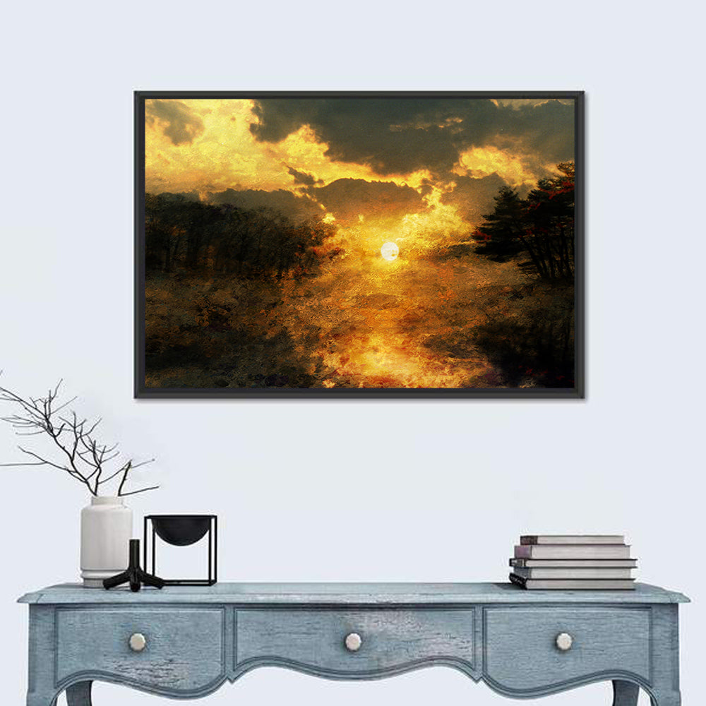 Golden Sunset Over Lake Wall Art in a room, landscape