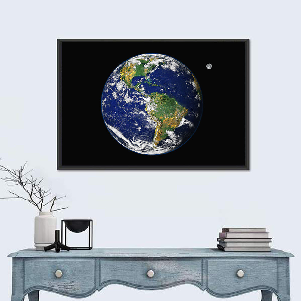 America from Space with Moon Wall Art in a room, landscape