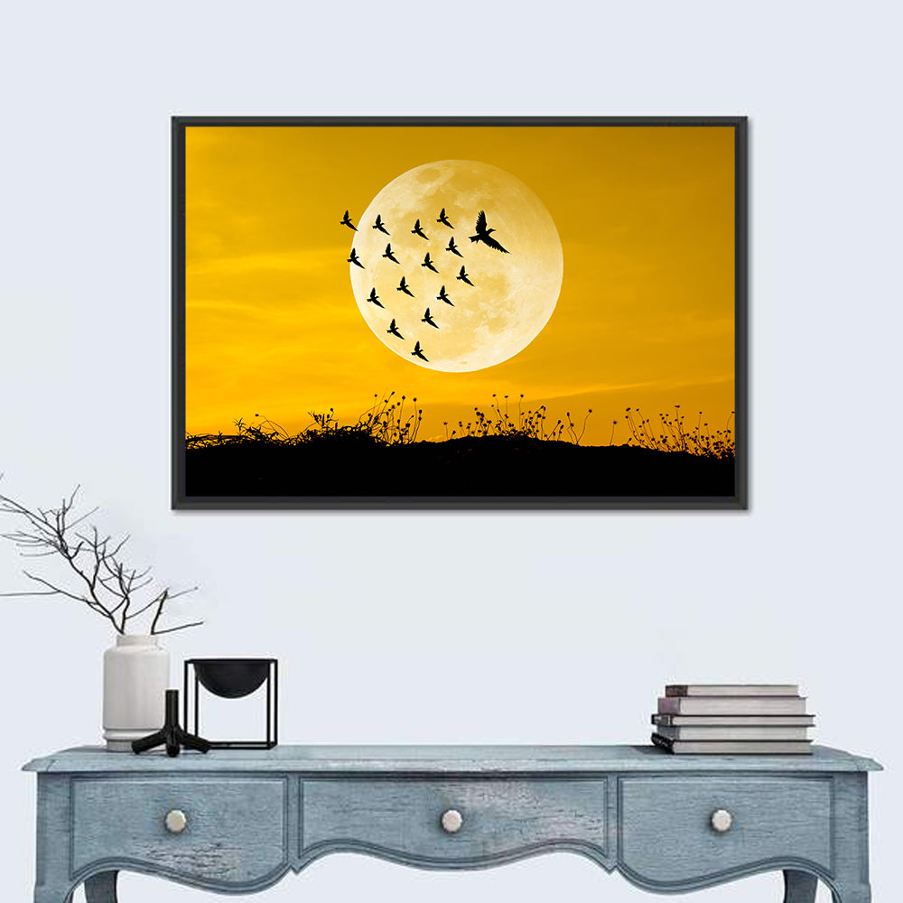 Moonlit Birds Over Wildflowers Wall Art
