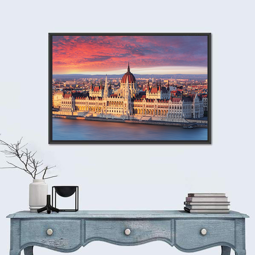 Hungarian Parliament at Dawn Wall Art in a room, landscape