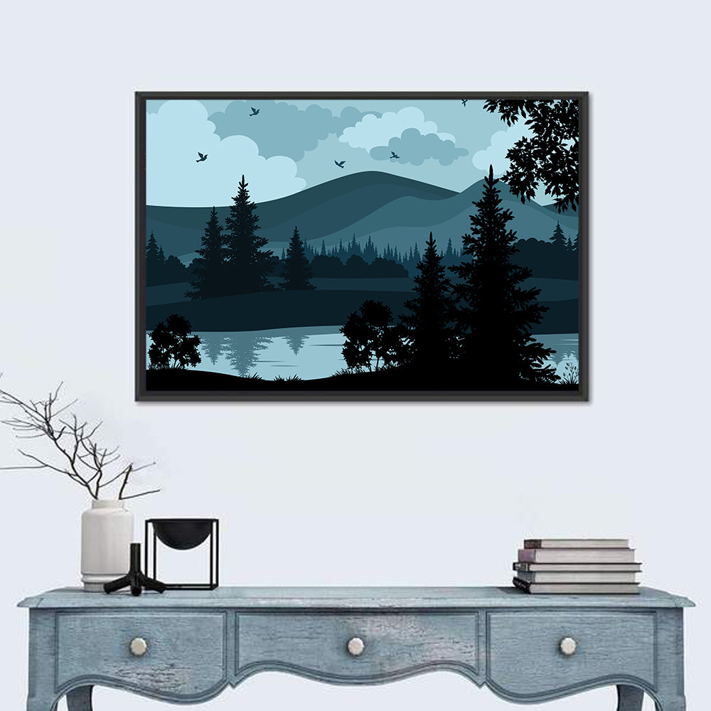 Flying Birds Over Mountain Lake Wall Art in a room, landscape