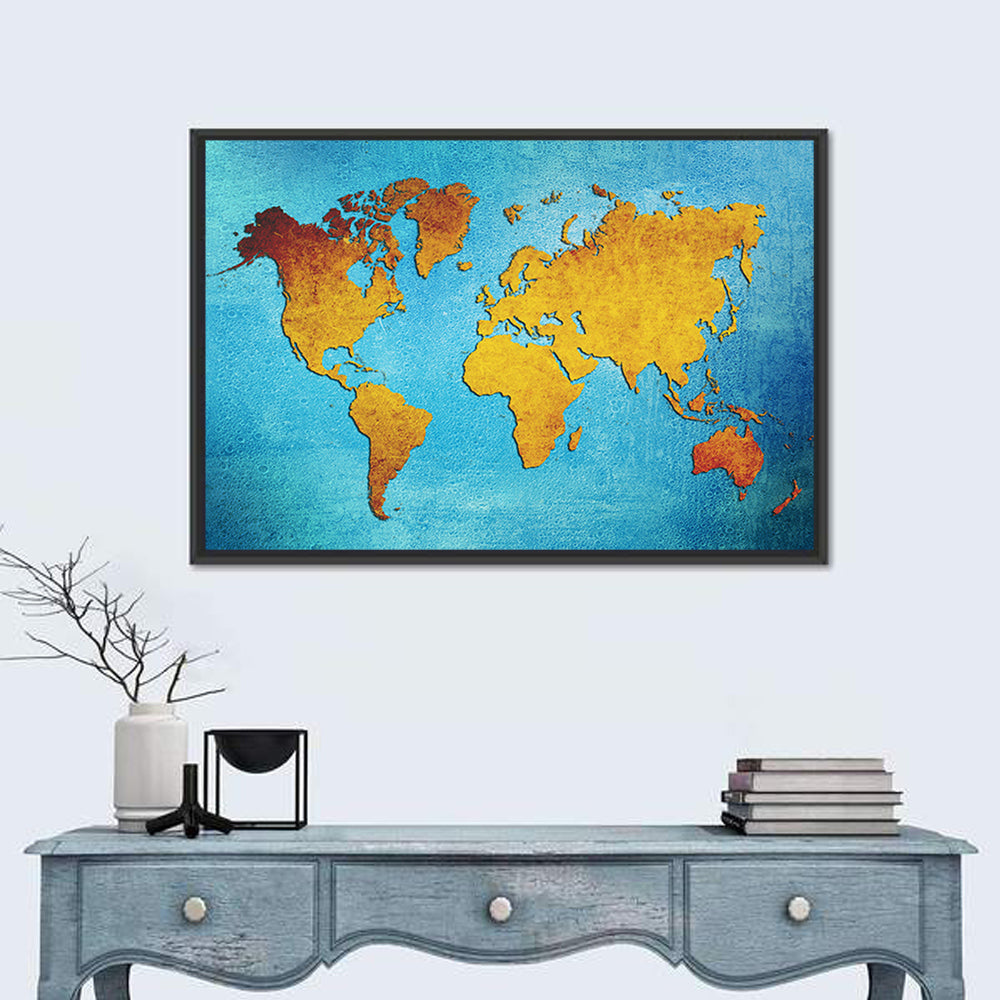 Distressed Blue World Map Wall Art in a room, landscape