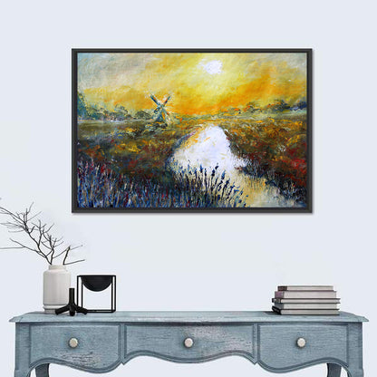 Windmill at Sunrise Over River Wall Art