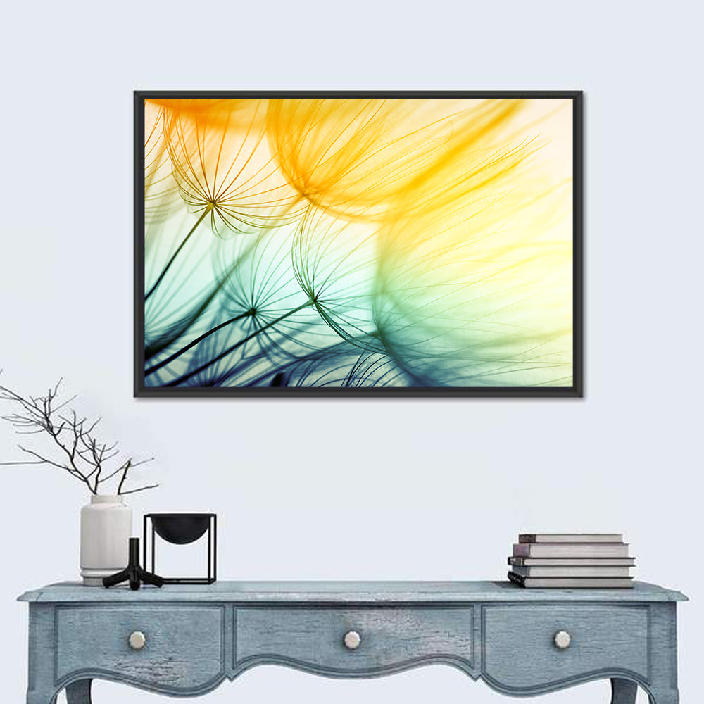 Sunlit Dandelion Seed Macro Wall Art in a room, landscape