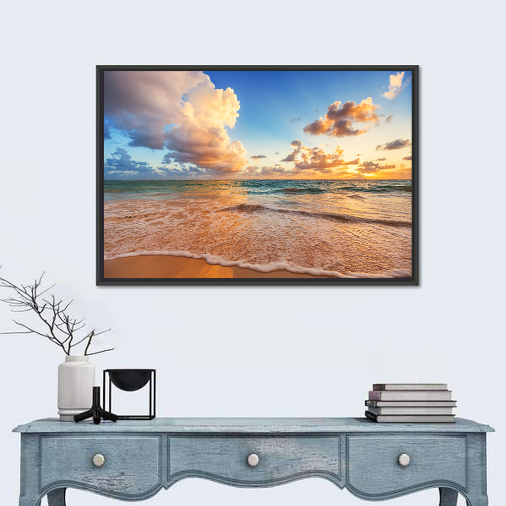 Caribbean Sunset Cloudscape Wall Art in a room, landscape
