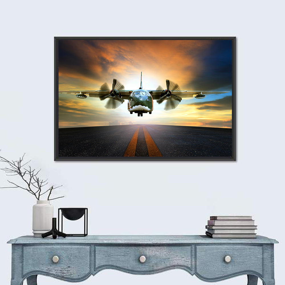 Vintage Military Transport Plane Wall Art in a room, landscape