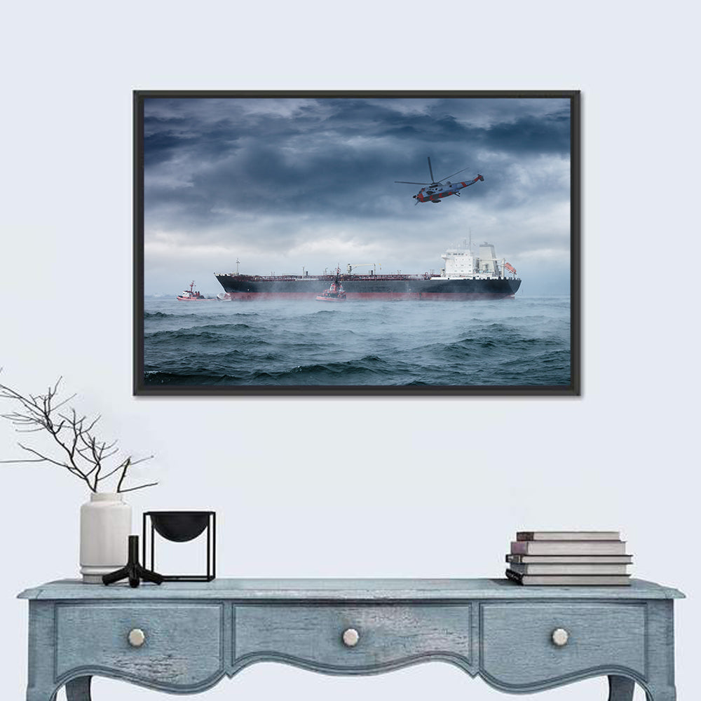 Rescue Helicopter Over Cargo Ship Wall Art in a room, landscape