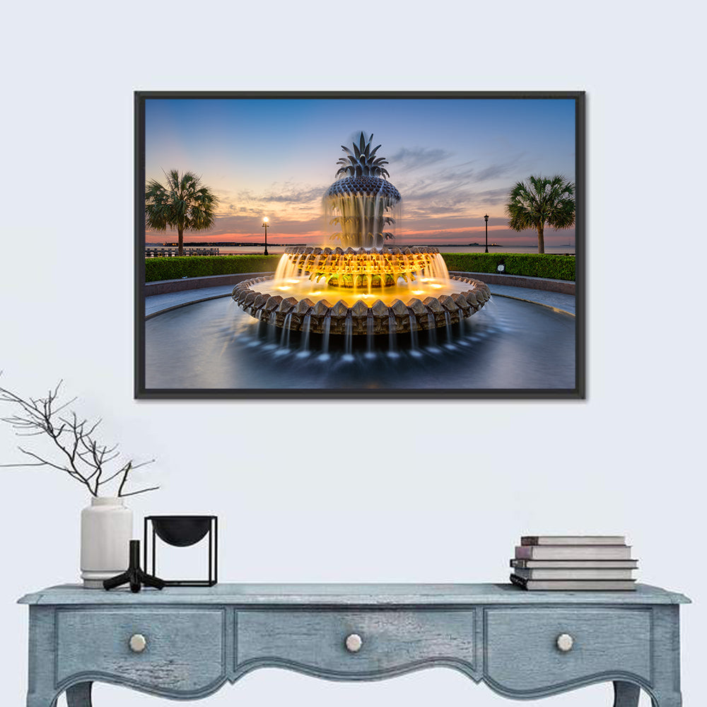 Charleston Pineapple Fountain at Dusk Wall Art in a room, landscape