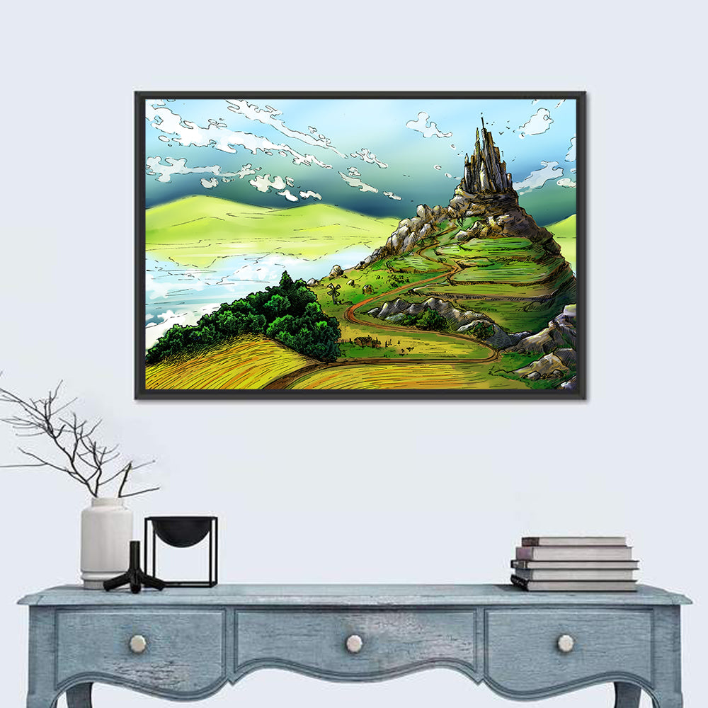 Hilltop Fairy Castle Illustration Wall Art in a room, landscape