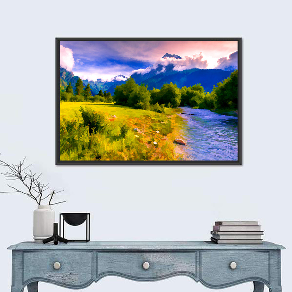 Mountain River Through Meadow Wall Art