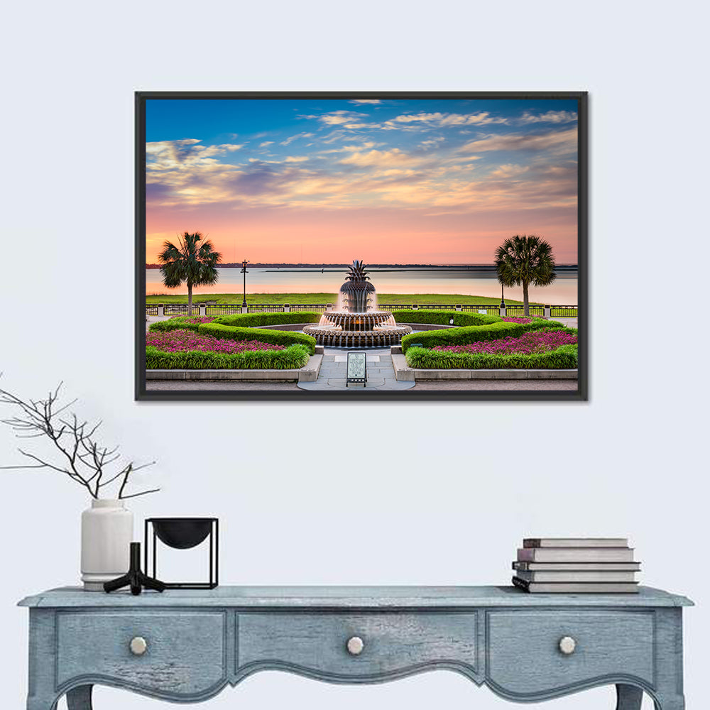 Charleston Pineapple Fountain at Sunset Wall Art in a room, landscape