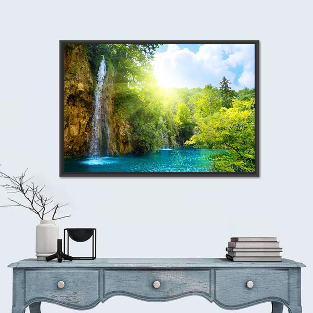 Forest Waterfall at Sunlit Lake Wall Art in a room, landscape