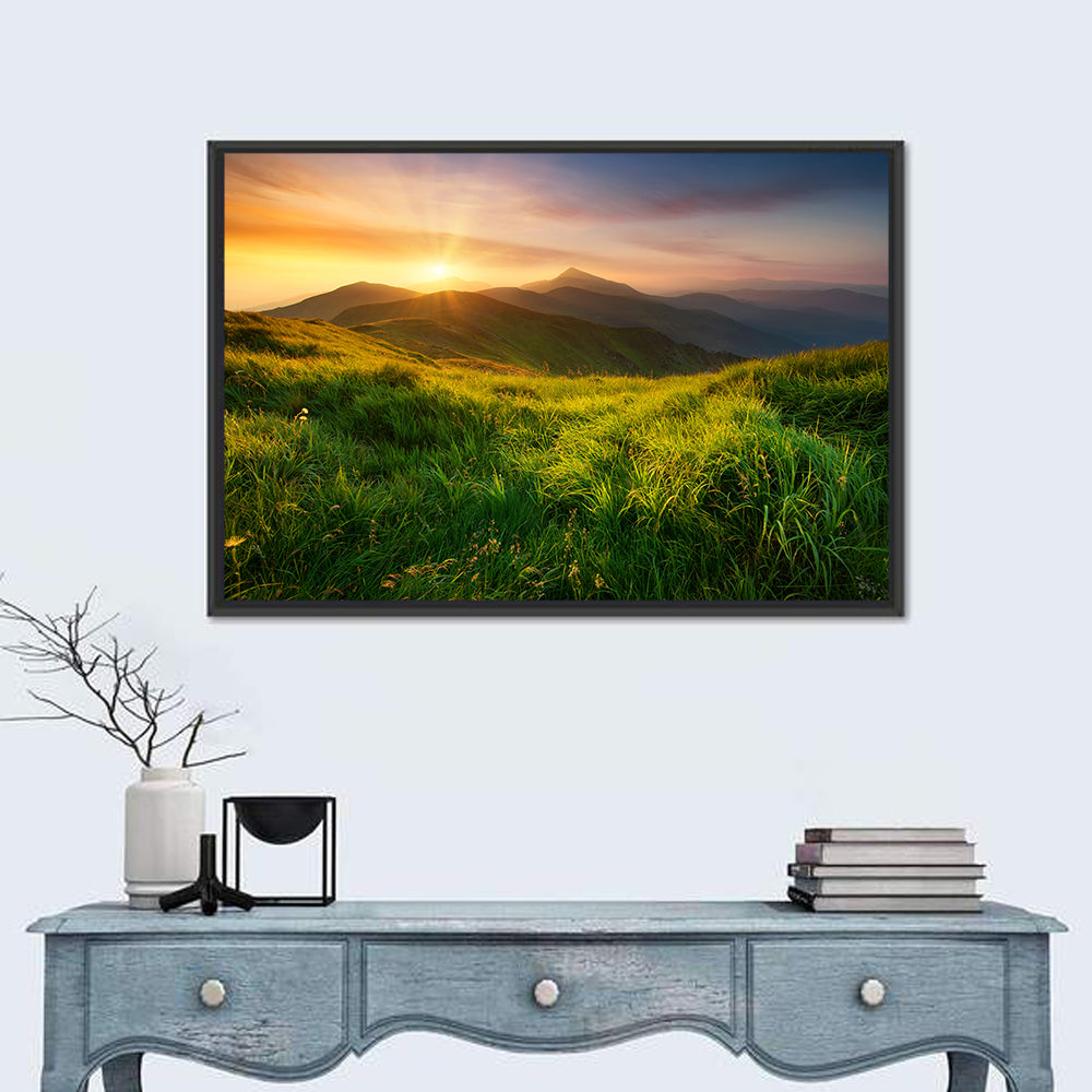 Mountain Valley at Sunrise Wall Art in a room, landscape