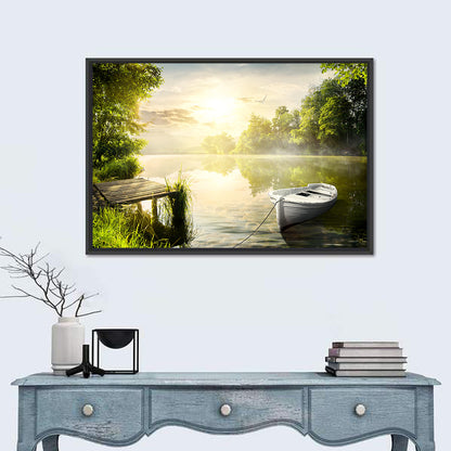 Rowboat at Misty Dock Wall Art