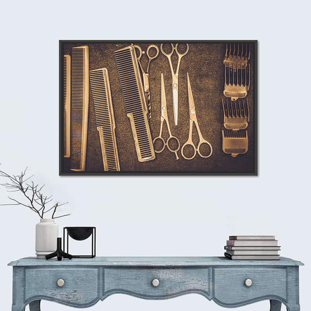 Barber Tools Flat Lay Wall Art in a room, landscape