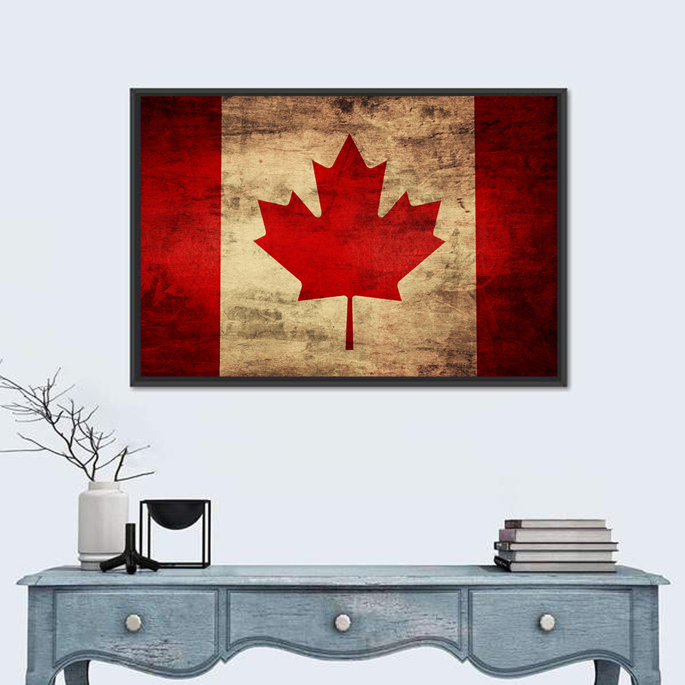 Grunge Canadian Flag Wall Art in a room, landscape