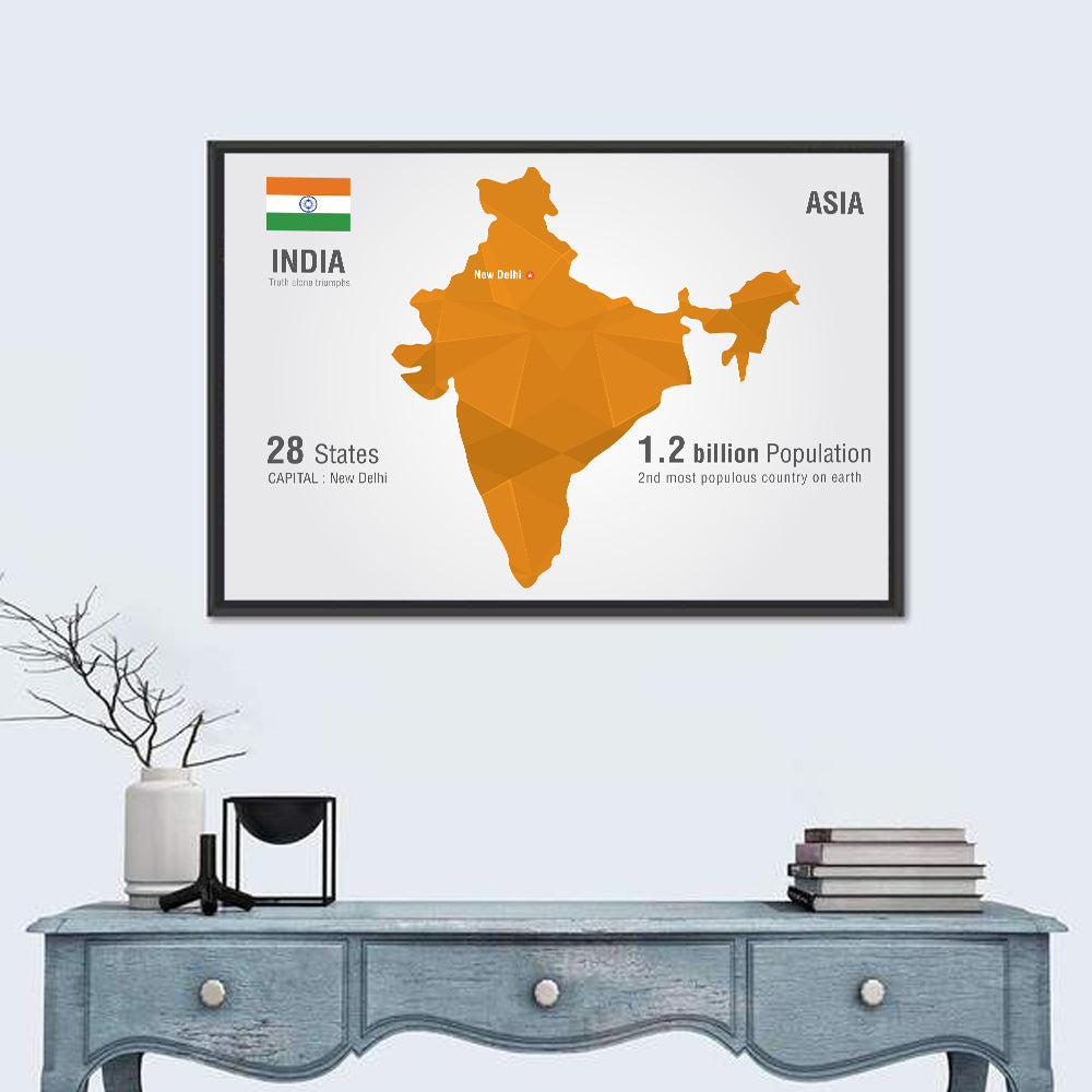 Polygonal India Map Infographic Wall Art in a room, landscape