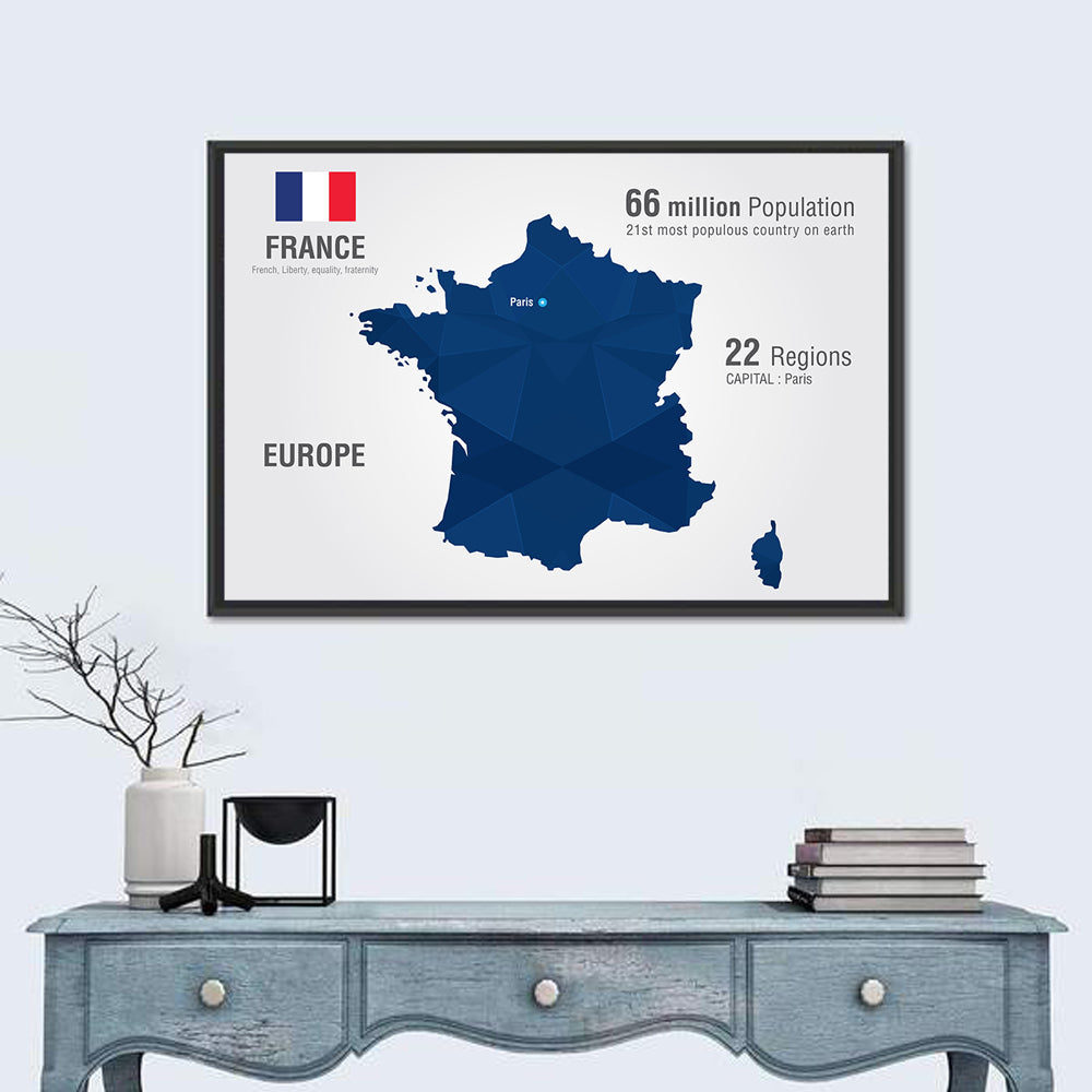 Geometric France Map with Flag Wall Art in a room, landscape