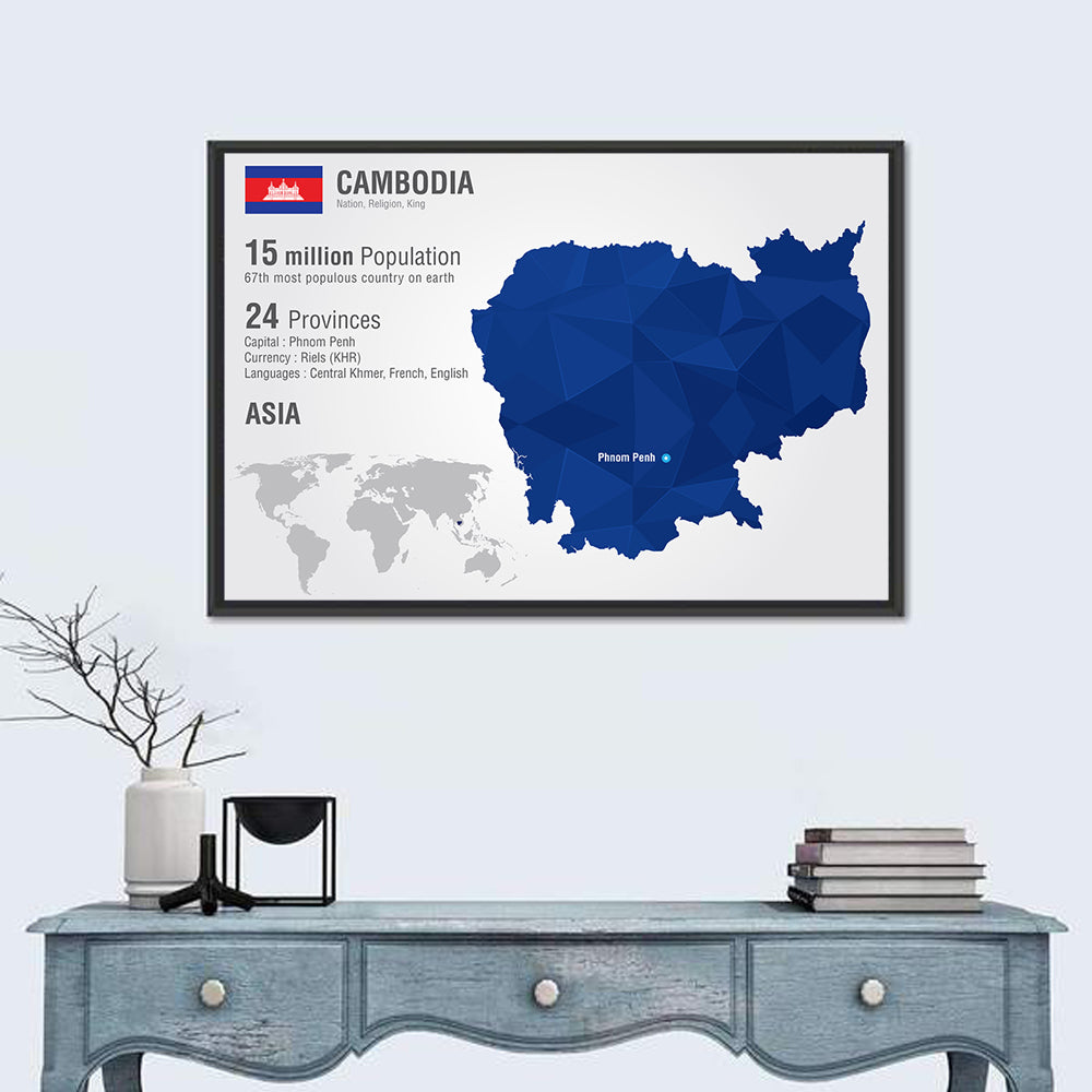Cambodia Geometric Map Wall Art in a room, landscape