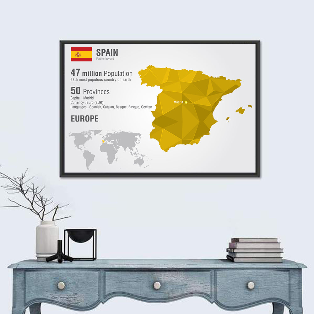 Geometric Spain Map Infographic Wall Art in a room, landscape