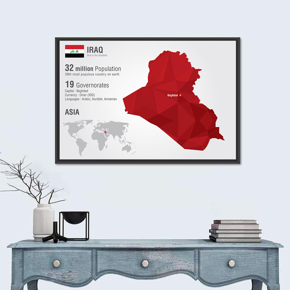 Iraq Low-poly Map Wall Art in a room, landscape