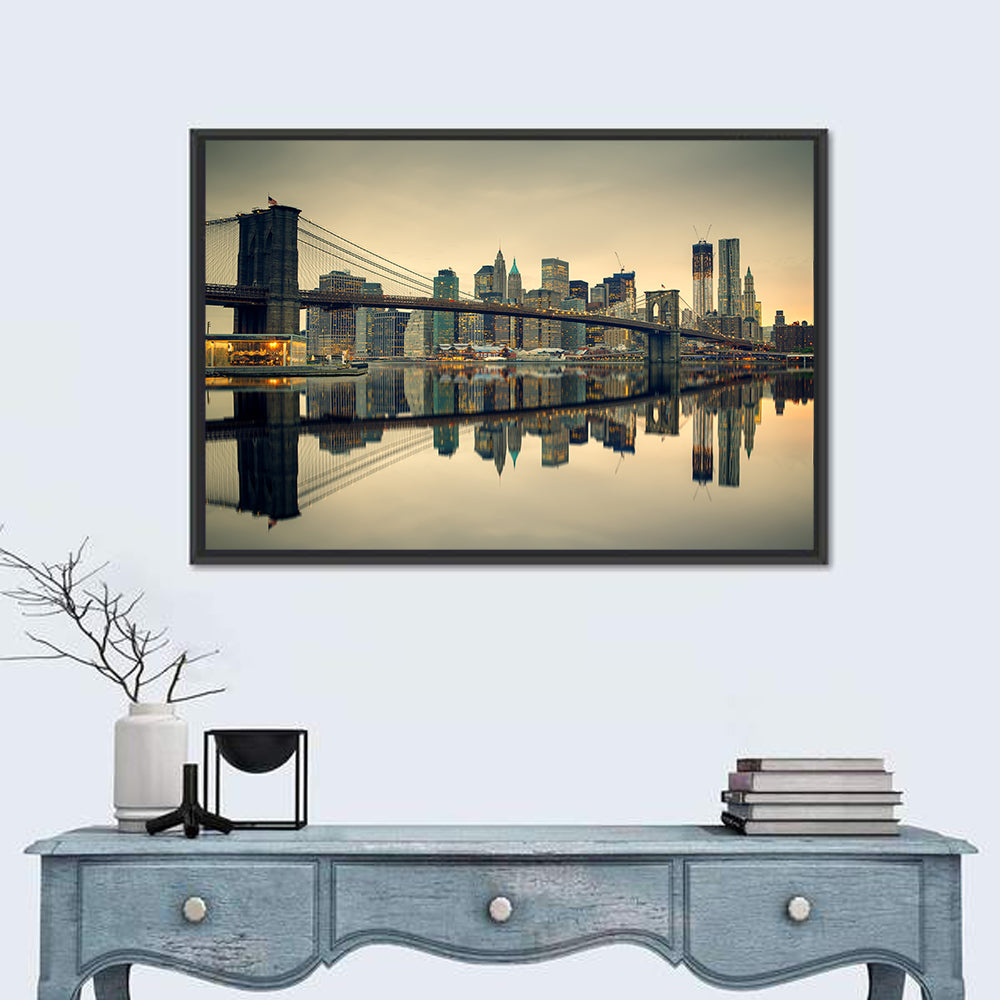 Brooklyn Bridge at Dusk, Manhattan Skyline Wall Art in a room, landscape