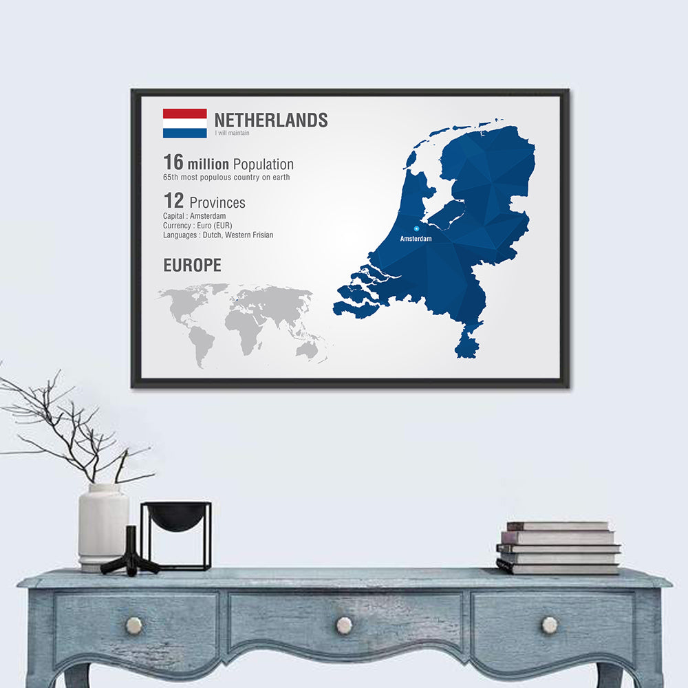 Netherlands Geometric Map Wall Art in a room, landscape